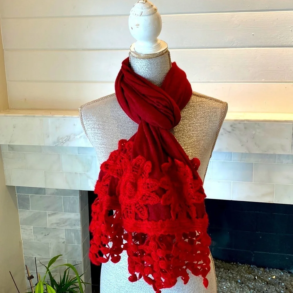Red Knit Scarf with Crocheted Detail